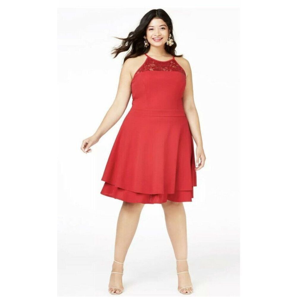 Emerald Sundae Red Lace Trim Halter Dress 2X Plus Mesh Back NWT